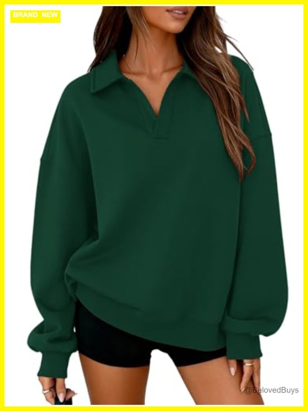 Oversized Polo V Neck Fleece Sweatshirt Cotton Blend Pullover